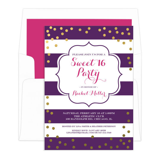 Purple Sweet 16 Gold Confetti Birthday Invitations